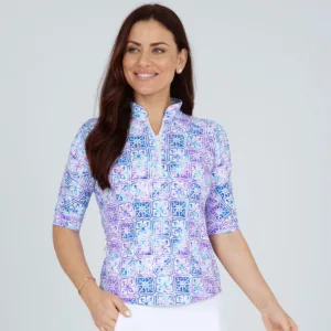 LADIES IBKUL SHIRT RUCHED ELBOW LENGTH SLEEVE PLUM BLUE