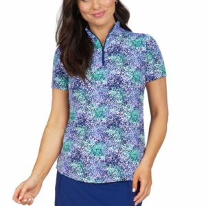 LADIES SHIRT IBKUL SHORT SLEEVE SPRAY PAINT LAVENDER/NAVY