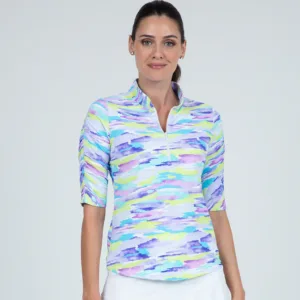 LADIES IBKUL JESSIE RUCHED ELBOW LENGHT SLEEVE PLUM MULTI