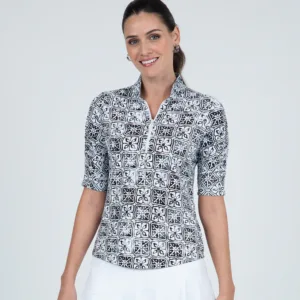 LADIES IBKUL SHIRT KATHY RUCHED ELBOW SLEEVE BLACK WHITE